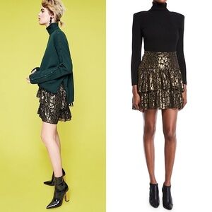 ALICE + OLIVIA Silk Metallic Shimmer Leopard Jacquard Ruffle Tier Mini Skirt‎ 0